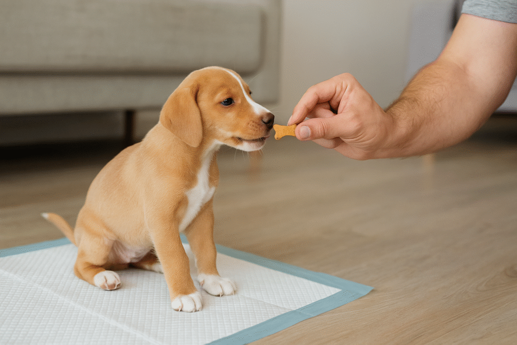 "Pet recebendo petisco após fazer no lugar certo"
